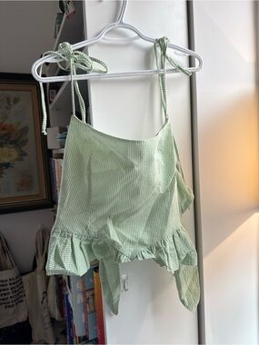 Eliza Faulkner Light Green Seersucker Tie-Shoulder Ruffle Corset Crop Top